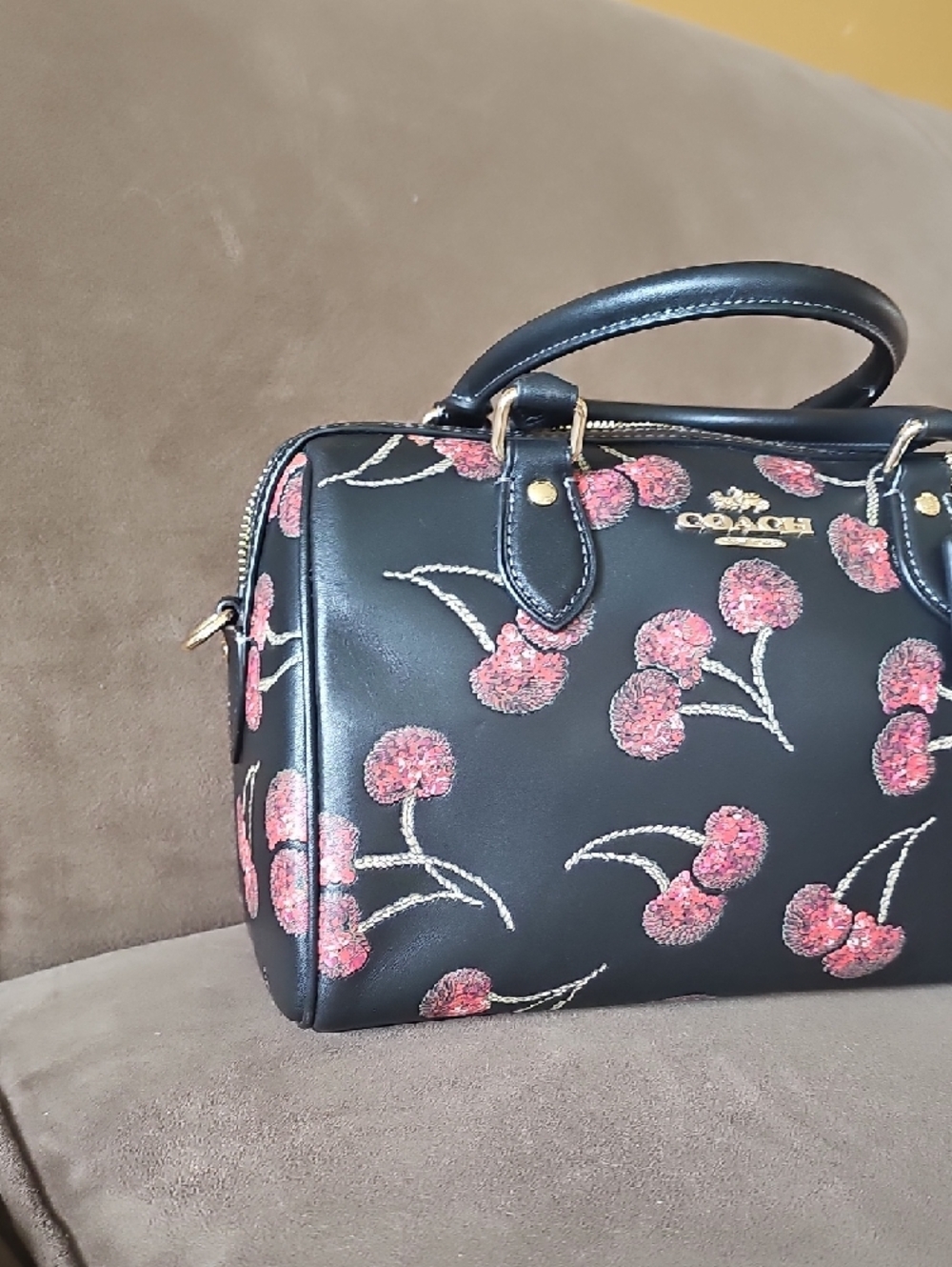 Coach Black Leather Satchel with Pink Cherry Embroidery - Picture 3 of 6